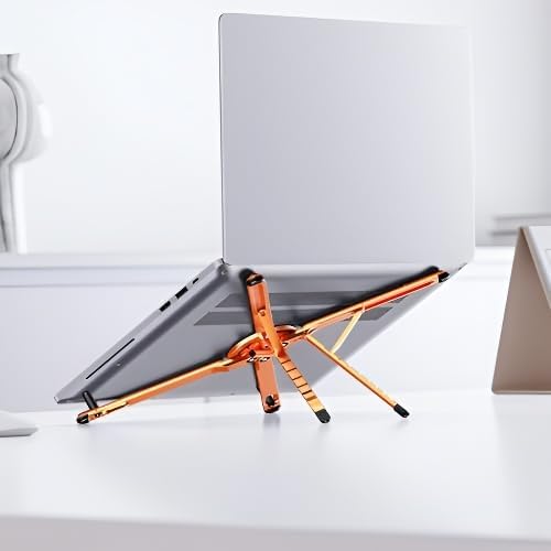 Portable Laptop Stand for Desk, Foldable Adjustable Computer Riser with Magnetic Phone Holder, Aluminum Laptop Stand Tablet Stand Mobile Phone Holder (Orange)