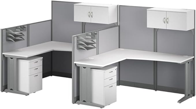 Bush Business Furniture Office in an Hour 2 Person L Shaped Cubicle Desks with Storage, Drawers, and Organizers in Pure White