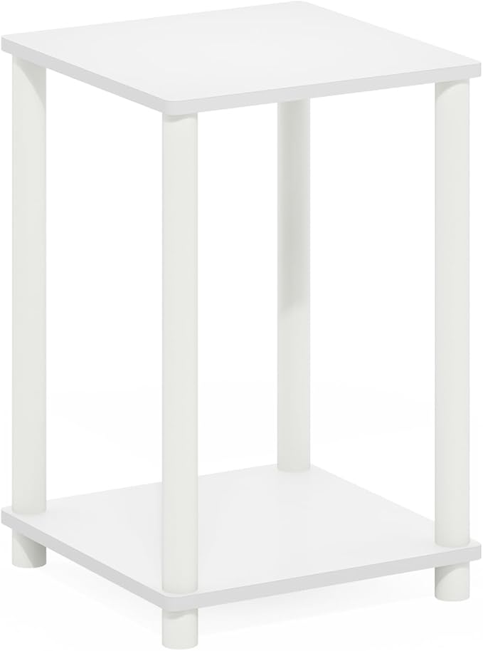 Furinno Turn-N-Tube Side Table, 2-Tier Modern Square End Table with Open Shelf, Toolless Night Stand, Bedside Table, for Living Room, Bedroom, White