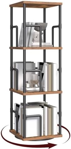 MAHANCRIS 3-Tier Rotating Bookshelf, Freestanding Corner Bookshelf, 360° Spinning Bookcase, Industrial Style Storage Rack with Rails, for Living Room, Bedroom, Study, Rustic Brown and Black BKHR1401