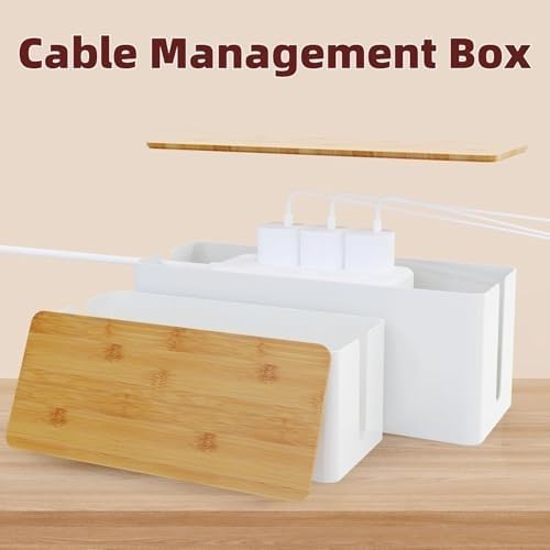 Cable Management Box,2 Pack Wooden Style Large Cable Organizer Box for Office and Home,Cable Organizer Box with Proof Lock for Baby-Pets,Wood Lid（White,2 Pack
