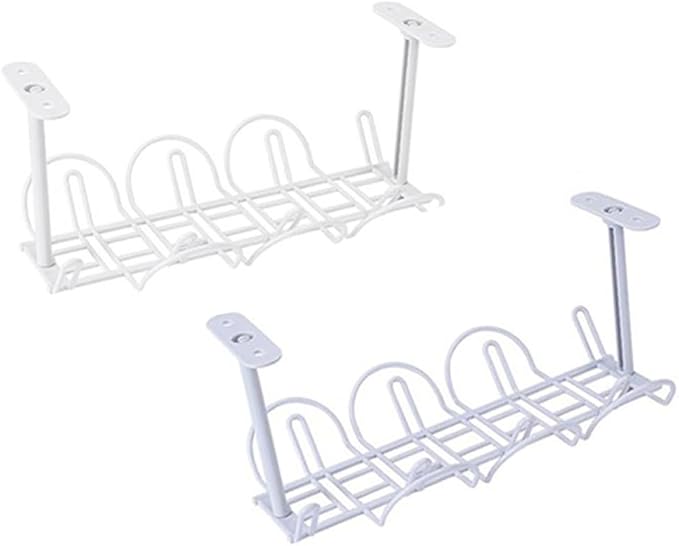 SEIWEI 2PCS Under Desk Cable Management Tray, No Drill Steel Desk Cable Organizers, Wire Management Tray Cable Management Rack, Desk Cable Tray(White+Gray)