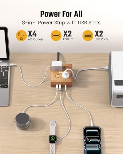 USB Power Strip Surge Protector - SUPERDANNY Desktop Extension Cord with 4 Widely Spaced Outlets & 4 Smart USB Ports, Portable Charging Station for Home, Office, Hotel, Dorm, RV, Faux Walnut Grain