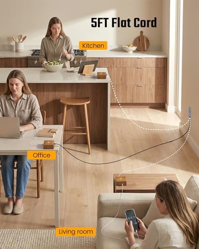 USB Power Strip Surge Protector - SUPERDANNY Desktop Extension Cord with 4 Widely Spaced Outlets & 4 Smart USB Ports, Portable Charging Station for Home, Office, Hotel, Dorm, RV, Faux Walnut Grain