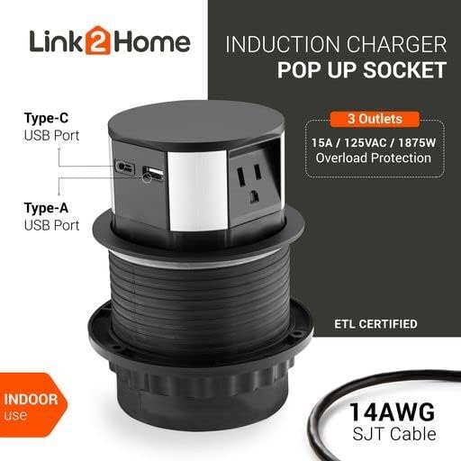 Link2Home Wireless Charging Pop Up Outlet with USB, Space Saver Retractable Power Station with 3 Outlets (15A), 2 USB A/C Ports (3.0A), Splash Resistant for Kitchen Island, Office Desk & Workshop