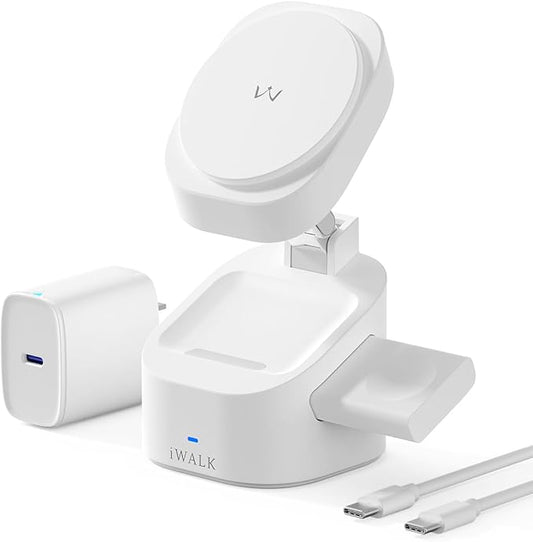 iWALK 3-in-1 Magnetic Wireless Charging Stand, 15W Foldable Charger Station for iPhone 16/15/14/13/12, Apple Watch & AirPods, Adjustable Dock with 20W USB-C Adapter