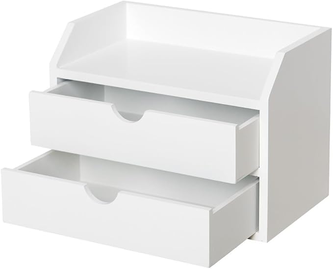 ROSE BLOOM White Wood Desk Organizer with 2 Drawer, Mini Cute Cabinet with Storage Shelf for Tabletop, Small Desktop Box Organizer for Cosmetic Office Supplies