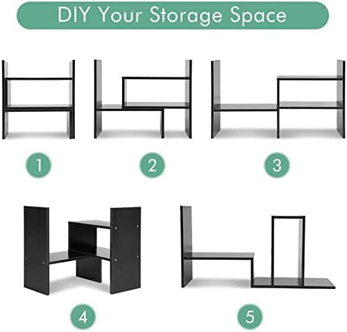 MMdipon Small Wood Adjustable Desktop Bookshelf, Expandable Storage Rack, Display Shelf, Office Supplies Organizer (Black)