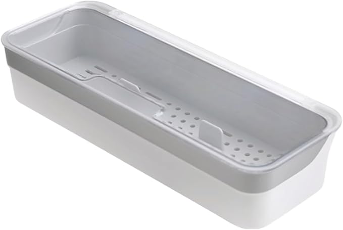 Plastic Kitchen Drawer Organizer with Lid and Drainer Stackable Utensil Holder for Countertop Silverware Tray Flatware Organizers - 13x4.7x2.4 Inch Spatula Cutlery Storage Box
