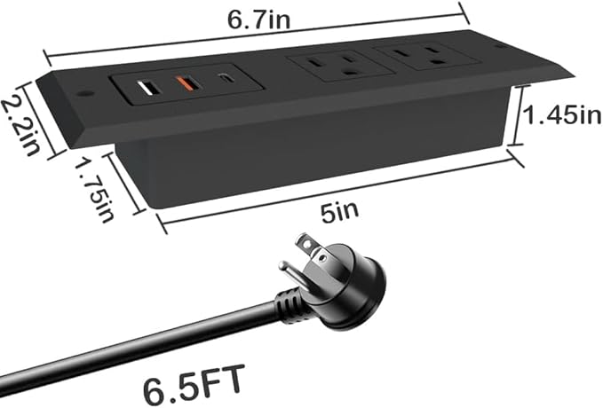 Recessed Power Strip - Set of 2,20W Fast Charging USB C Port and 18W USB-A Ports.Flush Mount Desk Outlet,Furniture Hidden Charging Station for End Table,Flat Plug,6.5 ft Extension Cord,Black