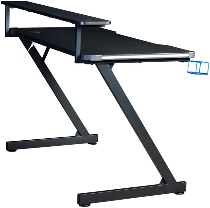 Aon Gaming Desk & Gaming Chair Set – LED Carbon Fiber Desk with Riser Shelf and Ergonomic Racing-Style Gaming Chair, Black/Red