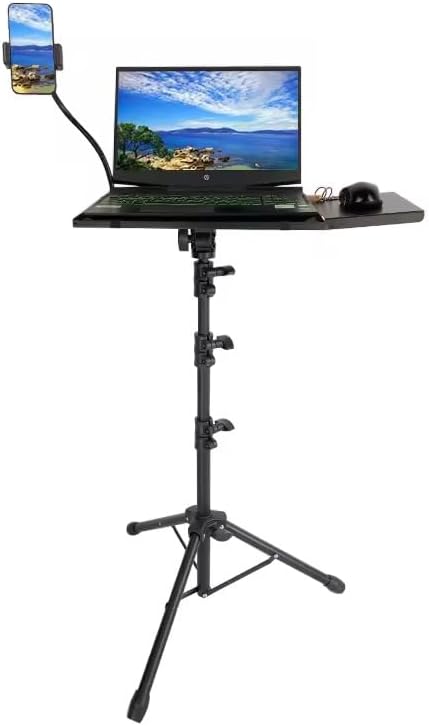 Adjustable Laptop Stand Tripod with Phone Mount, Height 25.6-63 inches, Non-Slip Tray, 33 lb Capacity, Black