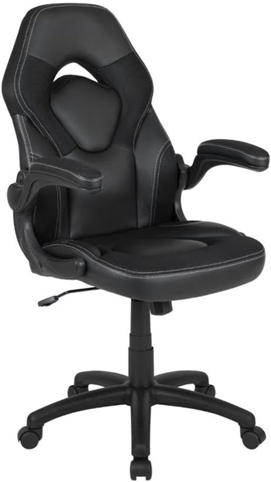 BOWERY HILL 2 Piece Gaming Desk Set, Z-Frame Red and Black Desk with Cup Holder and Headset Hook, High Back Ergonomic Chair with Flip-Up Arms, Dual Monitor Worksurface, Contemporary Gaming Setup