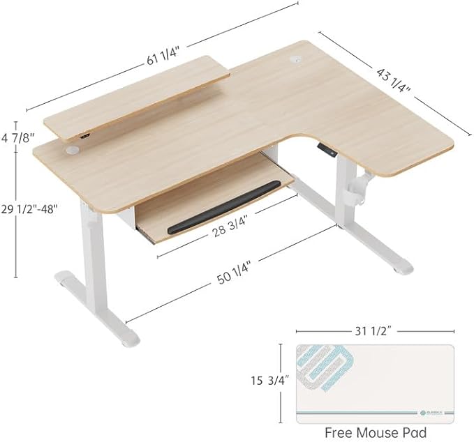 EUREKA ERGONOMIC Standing Desk Adjustable Height 61" Electric Sit Stand Computer Desk L Shaped with Keyboard Tray,Monitor Stand &LED, Dual Motor Memory Presets Sit to Desk Adjustable Desk, Right/Maple