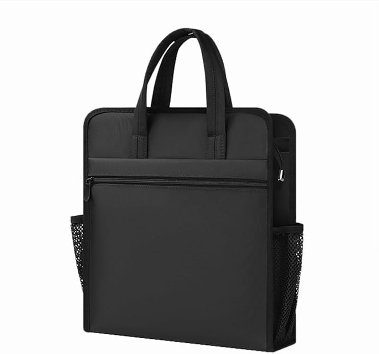 Black Oxford Handle Document Bag with Zipper Briefcase for Men File Tote Bag for Carrying Paper Files (Vertical)