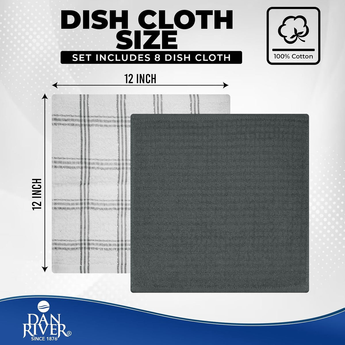 Premium Dish Cloth 100% Cotton 12X12 Inches |Pack of 8|- Grey | Terry Kitchen Towels Ultra Soft Tea Towels-Highly Absorbent Kitchen Rags-Terry Dishcloth for Kitchen and Household Cleaning