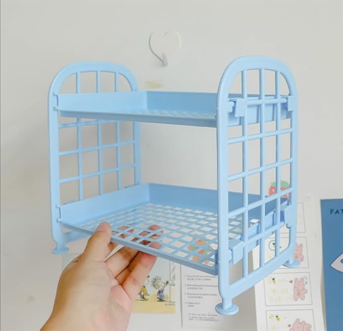 UnnFiko 2-Layers Table Shelf Organizer, Adjustable Plastic Storage Rack Shelf Square Basket Desk Stand Table Storage Organizer Shelves (Blue)