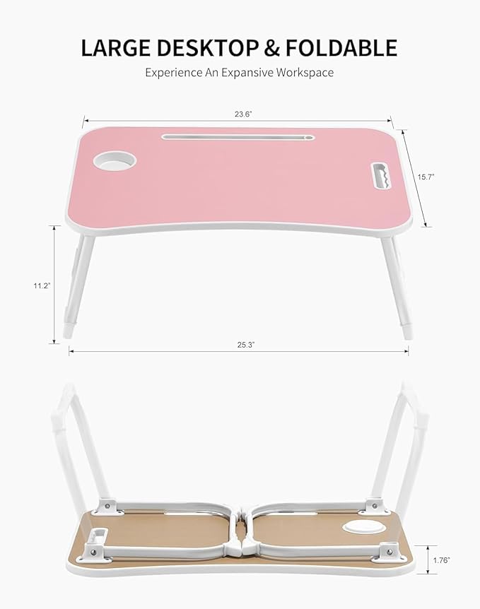 ZEAPTAC Laptop Bed Desk, Foldable Lap Desk, Portable Lap Table, Laptop Stand with Cup Holder & Tablet Slot & Lifting Handle for Working Writing Drawing & Eating - Rose Pink