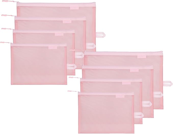 SUPACOOL Set of 8 Travel Mesh Makeup Bag, Cosmetic Organizer Pouches with Zipper, Diaper Organizing Pouches, Nylon Toiletries Bag for Women and Men(8pcs, Pink)