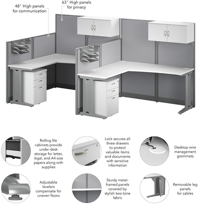 Bush Business Furniture Office in an Hour 2 Person L Shaped Cubicle Desks with Storage, Drawers, and Organizers in Pure White