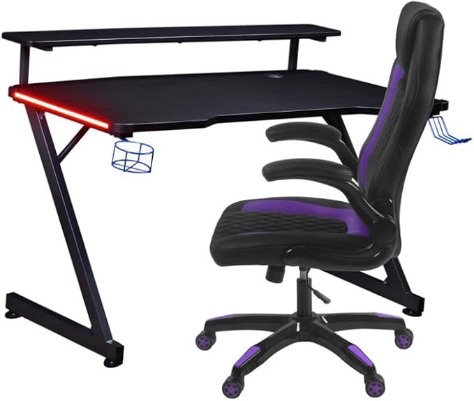 Aon Gaming Desk & Gaming Chair Set – LED Carbon Fiber Desk with Riser Shelf and Ergonomic Racing-Style Gaming Chair, Black/Purple