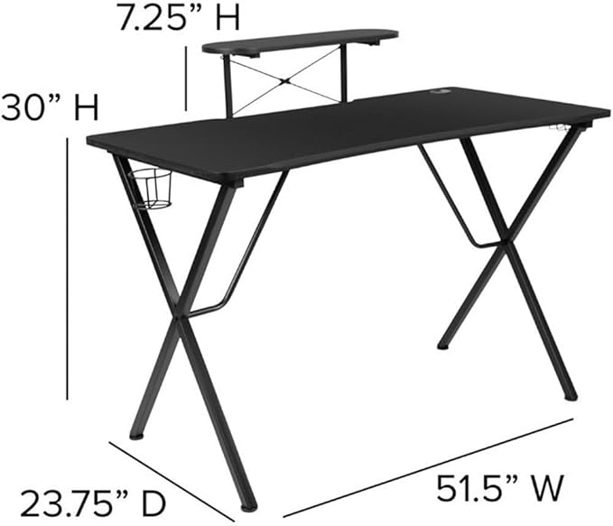 BOWERY HILL 2 Piece Gaming Desk Set, Black Laminate Desk with Raised Monitor Stand, Ergonomic High Back Chair, Orange Mesh Inserts, Built-in Lumbar Support, Contemporary Style for Gaming Setup