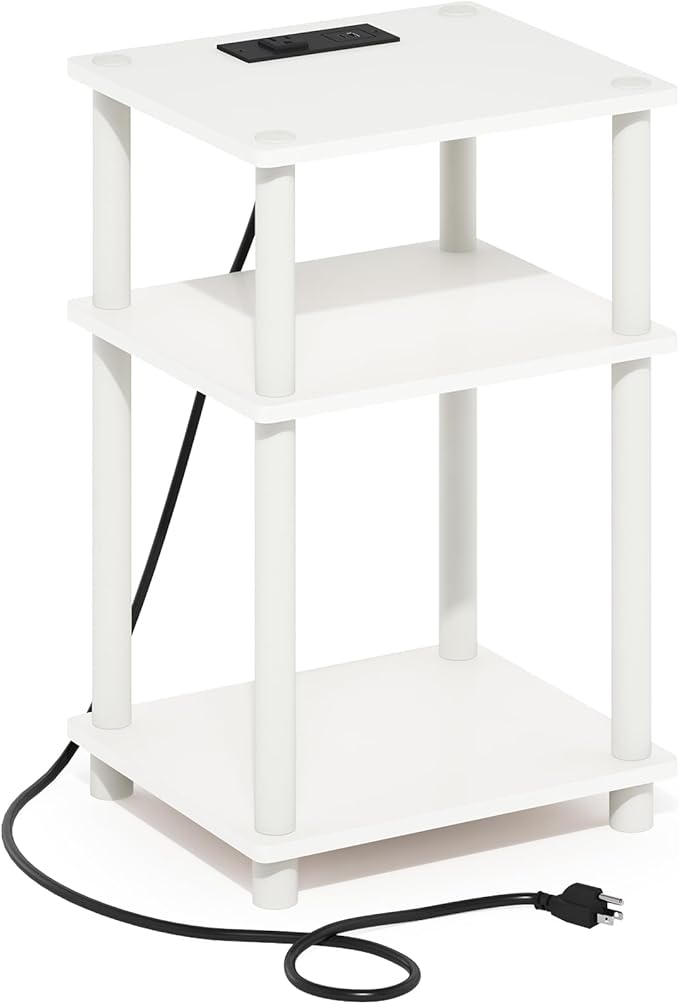 Furinno JUST Side Table, 3-Tier Modern End Table with Charging Station, Easy Assembly Night Stand, Bedside Table with USB and Type-C Port, for Living Room, Bedroom, White