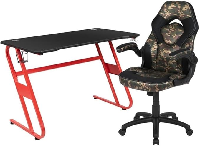 BOWERY HILL 2 Piece Z-Frame Gaming Desk Set, 51.5" W Black Laminate Desk with Red Frame, High Back Ergonomic Chair, Camouflage Mesh Inserts, Cup Holder and Headset Hook, Contemporary Style
