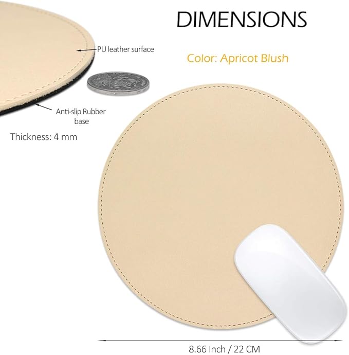 ProElife Cute Round Mouse Pad Mat Waterproof PU Leather 8.66-Inch Mousepad with Anti-Skid Base Stitched Edge for Home Office Gaming Computer Laptop Accessories (Apricot)