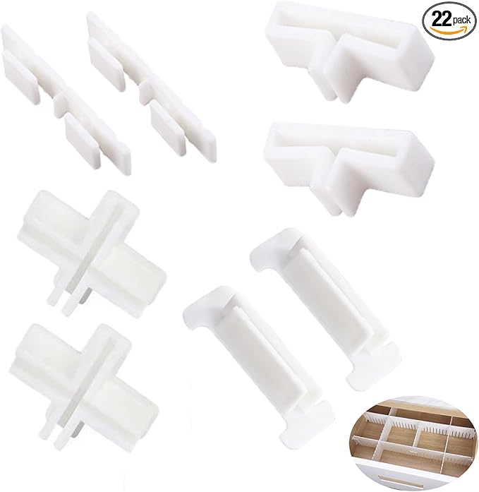 22 Pack Drawer Divider Clips Holder Plastic Mount Fixing Buckle Corner Angle Cross Connector Ends for Drawer Organizer Partition Grid Plates Separators Rail Box Installation (4 Types)