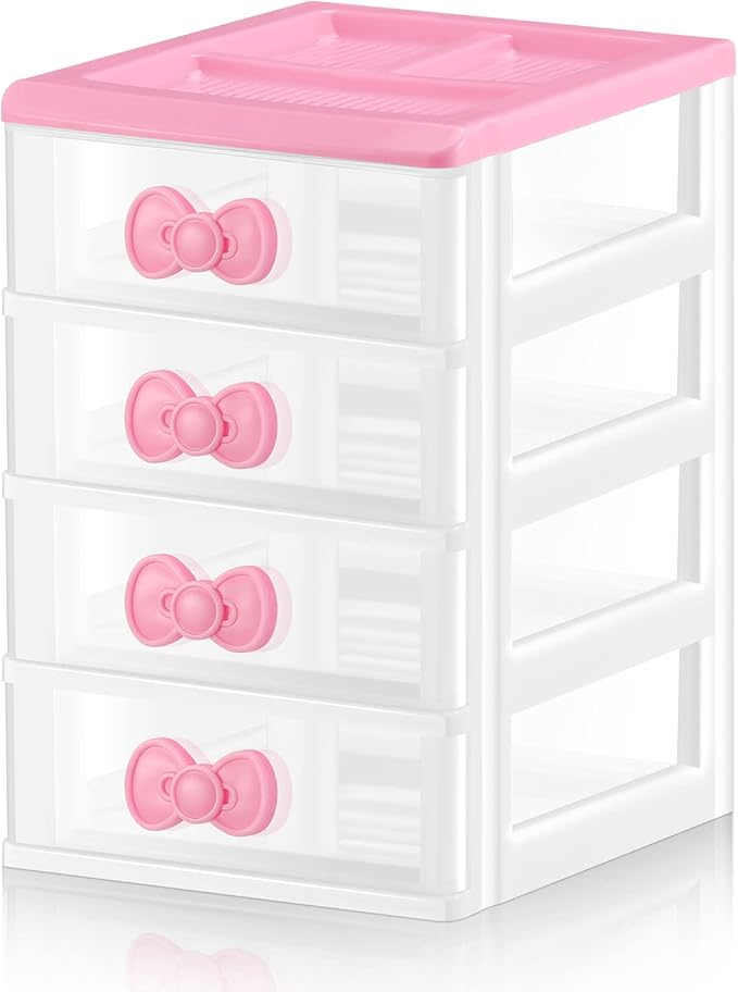 Tatuo Lovely Receiving Storage Cabinets Kawaii Makeup Organizer with 4 Layers Cute Storage Cabinet Box with Bow Handle Plastic Desktop Storage Box for Home Bedroom Bathroom Women Gifts(Clear)