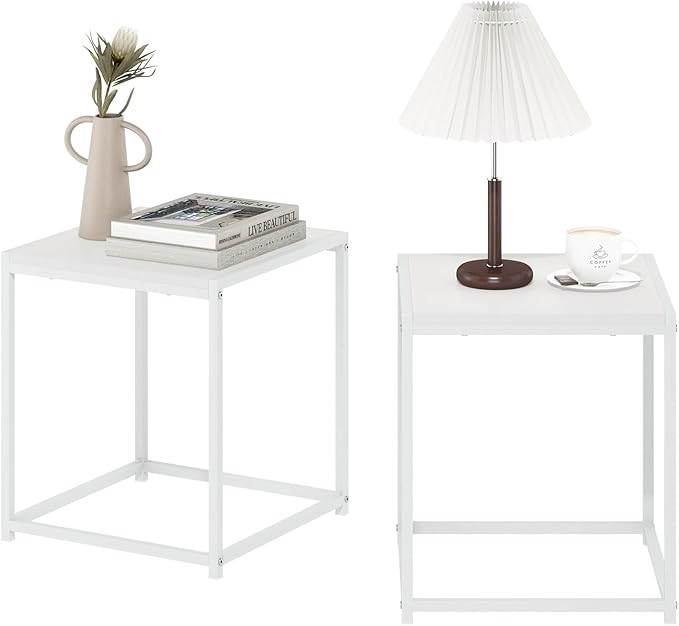 Furinno CAMNUS Side Table Set of 2, Metal Frame End Table, Square Open Frame Night Stand, Bedside Table, Easy Assembly, for Living Room, Bedroom, Solid White