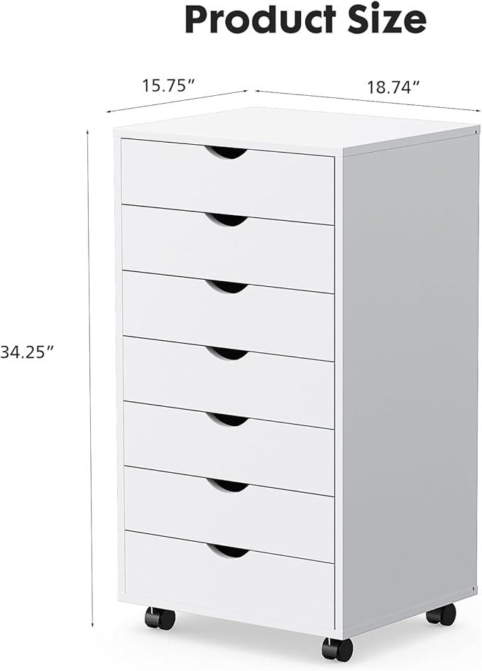 Sweetcrispy 7 Drawer Rolling Storage Cabinet, Wood Under Desk Mobile Dresser with Wheels, Small Organizer Chest for Home Office, Bedroom, Rolling Vertical Organizer for Home Office, White