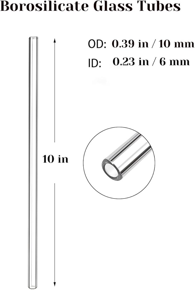 Premium Borosilicate Glass Tubes for Lab & Industrial Use – 10 Inch Long, 10mm OD, 2mm Thick, 8pcs Clear Tubes + 2pcs Straw Brushes - Glass Blowing Kit for Beginners, Scientific & Chemistry