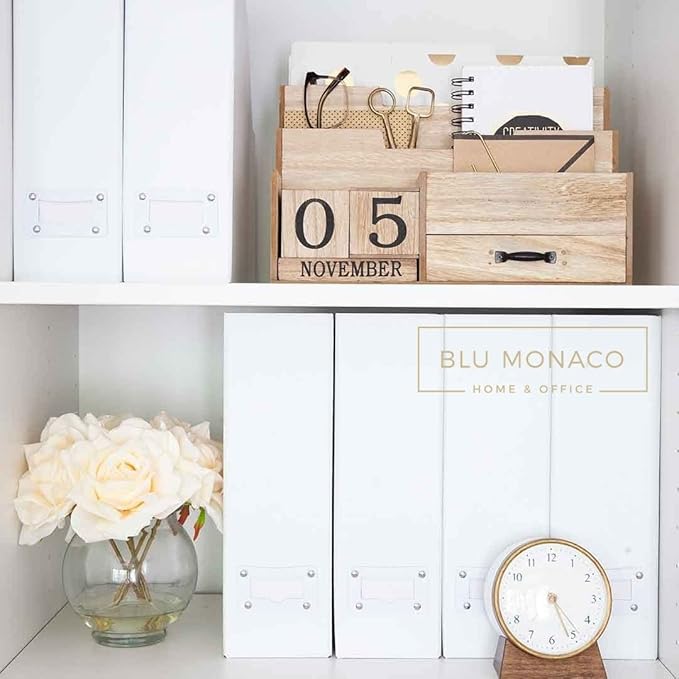 BLU MONACO Set of 6 Foldable White Magazine File Holders | Vertical Desk File Organizer Boxes With Leather Label Holders | Stylish Cardboard Magazine Storage for Shelves, Workspace and Home Office