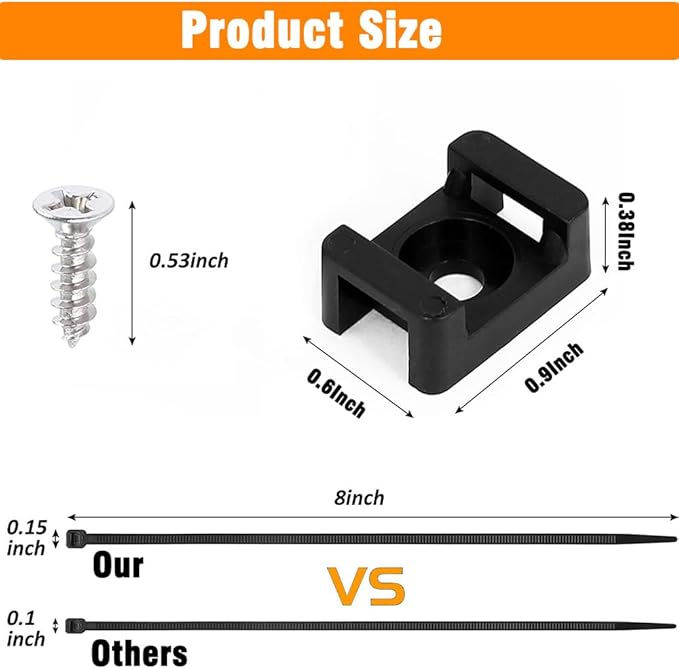 120 Set Black Cable Zip Tie Mounts Kit Wire Clips Organizer Holders Clamps with 0.9Inch Saddle Type Mounts Base with 8" Ties and Tapping Screw