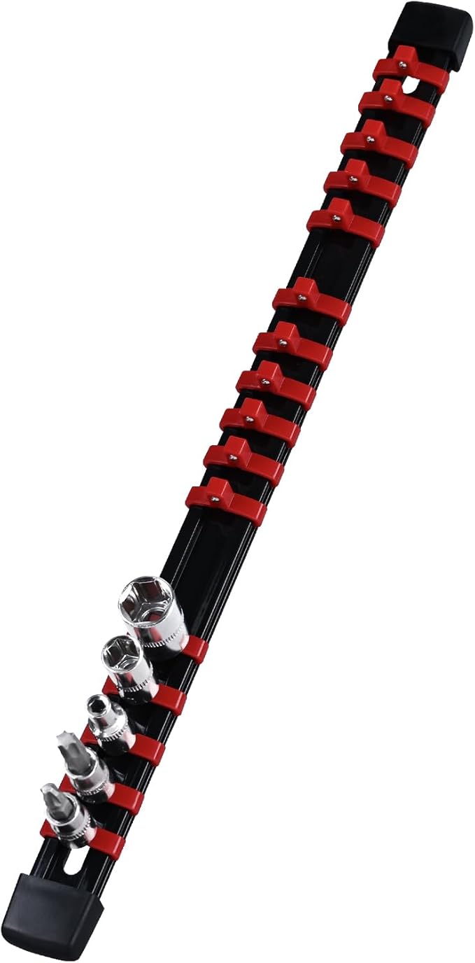 Socket Organizer, 1/4-Inch Drive Heavy Duty Socket Holder Kit ABS, Socket Rail 1/4-Inch x 16 Clips Red