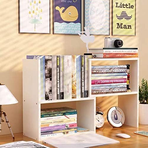 Mmdipon Small Wood Adjustable Desktop Bookshelf, Expandable Storage Rack, Display Shelf, Office Supplies Organizer (White)