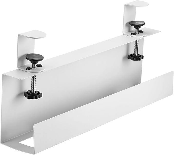 16×5×3 Inch No Drill Clamp-on Power Strip Cable Management Tray Under Standing Desk Steel Cable Organizer Wire Cord Tamer for Office, Home, Garage(White)