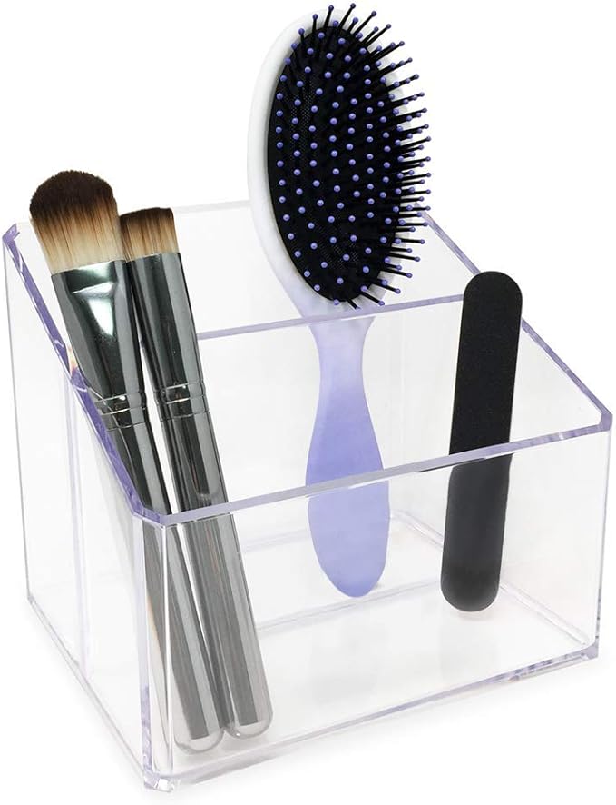 Isaac Jacobs Clear Acrylic 2-Section Organizer, Remote Holder & Multi-Functional Makeup, Brush, Pen & Pencil Storage Solution, for The Home, Bathroom, Office, Child’s Desk (2-Section, Clear)