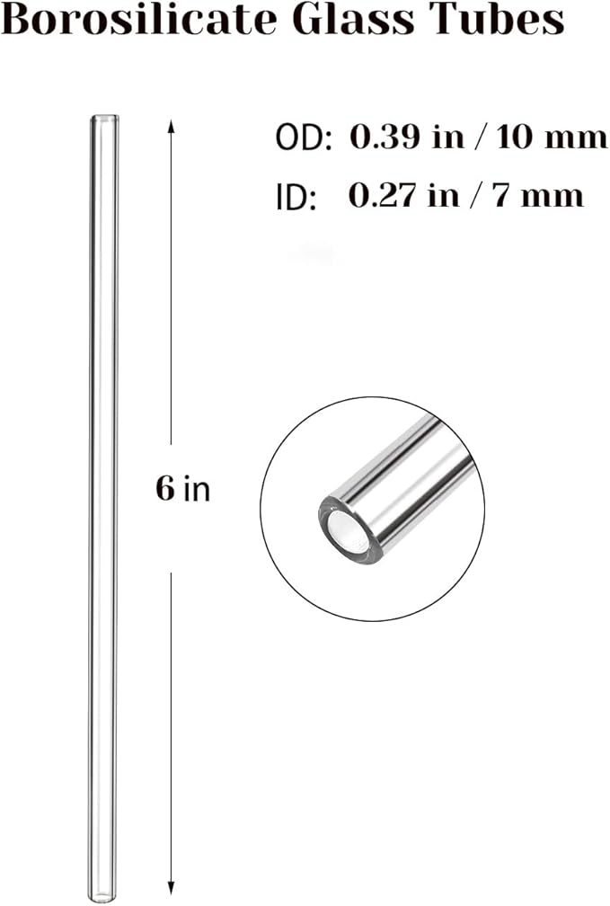 Borosilicate Glass Tubes 6 Inch 10mm - Thick Wall Transparent Glass Blowing Tubes Temperature Resistant - Beginners Starter Kit - 8pcs + 2 Brushes - Crafting, Chemistry, Making Signs