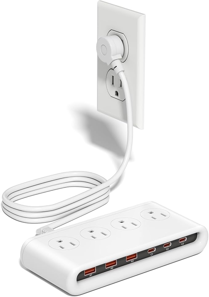 10-in-1 USB Charging Station with PD 20W Fast Charging, Surge Protector 6 USB Ports 4 AC Outlets 5ft Travel Power Strip with USB Ports Extension Cord for Home/Office/Travelling