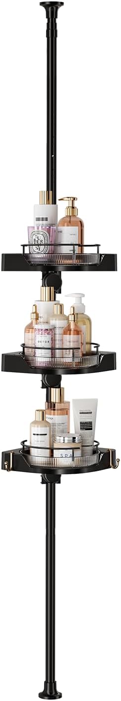 360° Rotating Shower Caddy Tension Pole, 3 Tiers Corner Shower Organizer for Bathroom Shelf Bathtub, Adjustable Standing Shower Rack Bathroom Accessories, Easily Assemble, 34-124 Inch Height, Black