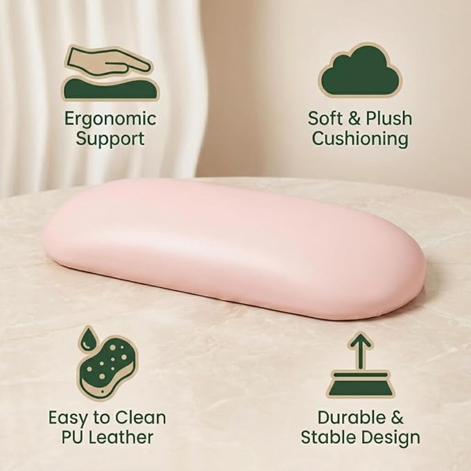 Nail Arm Rest Cushion, Nail Hand Rest Pillow for Manicure, Leather Nail Cushion Arm Rest for Nails Tech, Ergonomic Hand Rest for Nails Tech, Waterproof Nail Arm Rest for Salon Table, Pink