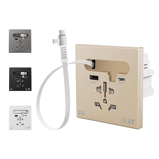 35W GaN Multi Plug Wall Outlet with Retractable Phone Charger for Bedside/Sofa, 4-in-1 Tamper-Resistant in-Wall Socket with Universal AC Port for New Renovations, UL Listed (Include 86-Type Box)