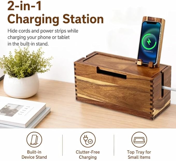 Wooden Cable Management Box with Detachable Phone Stand, Cord Organizer Box for Power Strip & Charger, Ventilated Wire Storage Box with Storage Tray for Desk, Nightstand & Home Office (Brown)