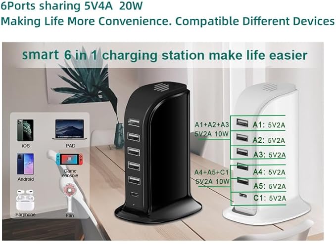 USB Charging Station for Multiple Devices, 5 USB Ports + 1 Type C Multiport Charger Tower, Compatible with Smartphones, Tablets and Other Devices (Black)