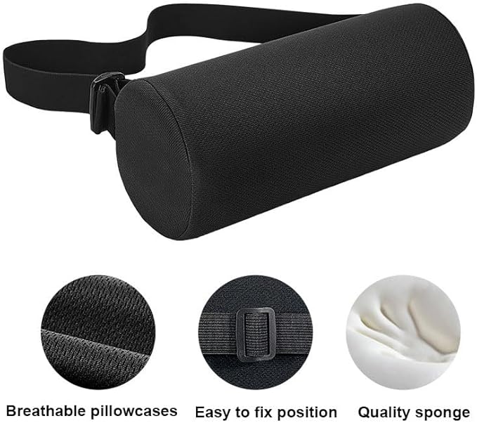 Patty Both Lumbar Support Pillow Lumbar Roll Lower Back Pillow Adjustable Strap and Memory Foam Back Cushion with Washable Cover for Travel Office Chair,Game Chair,Car,Black