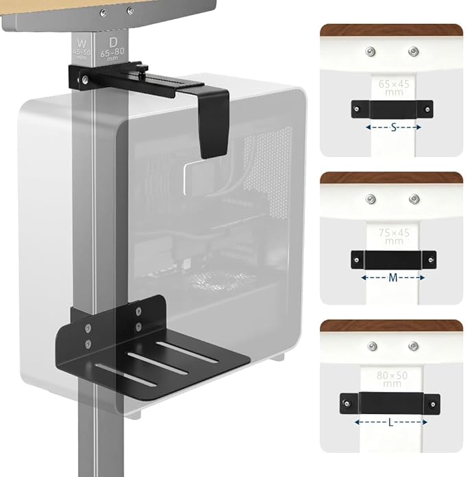 OUTFINE Under Desk PC Mount for Standing Desk, Clamp-On CPU Holder for Desk Leg (80×50 / 75×45 / 65×45mm), No-Drill Computer Tower Mount, Heavy Duty 50 lbs, Adjustable Open-Frame PC Bracket (Black)
