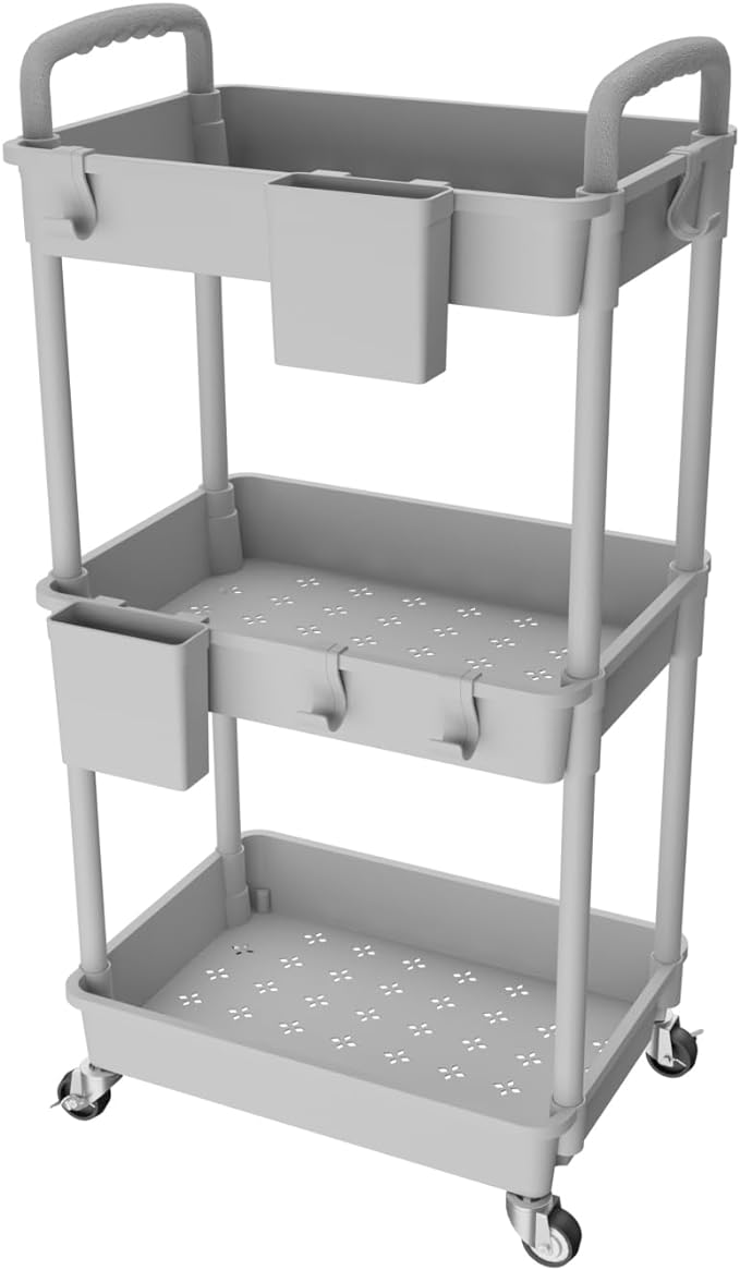 3 Tier Rolling Utility Cart with Handle,REBECAT Utility Cart Made of Multifunctional Storage Organizer Tool for Kitchen,Bathroom,Living Room,Office(Gray)